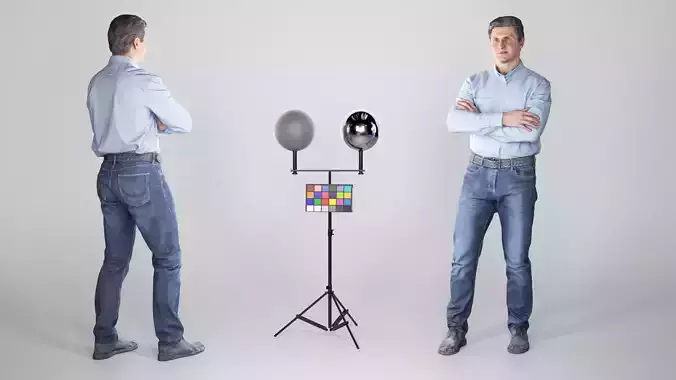 Middle-aged Man in blue shirt and jeans 90 Low-poly 3D model