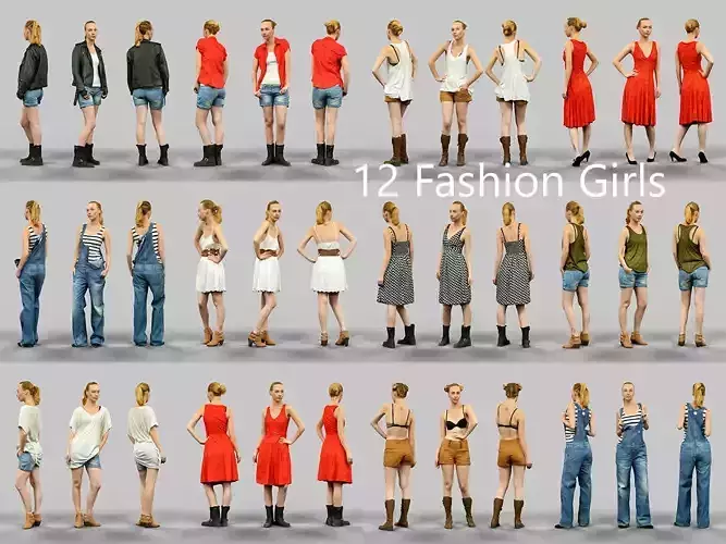 12 Fashion Girls Low-poly 3D model