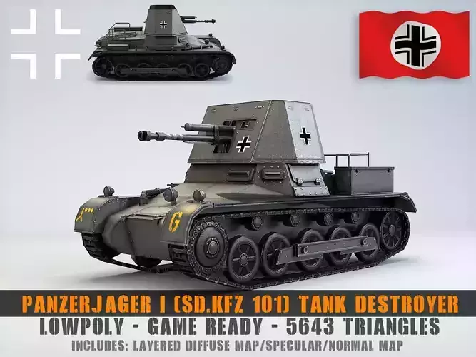 Low Poly  SdKfz 101 PanzerJager I Tank Destroyer Low-poly 3D model