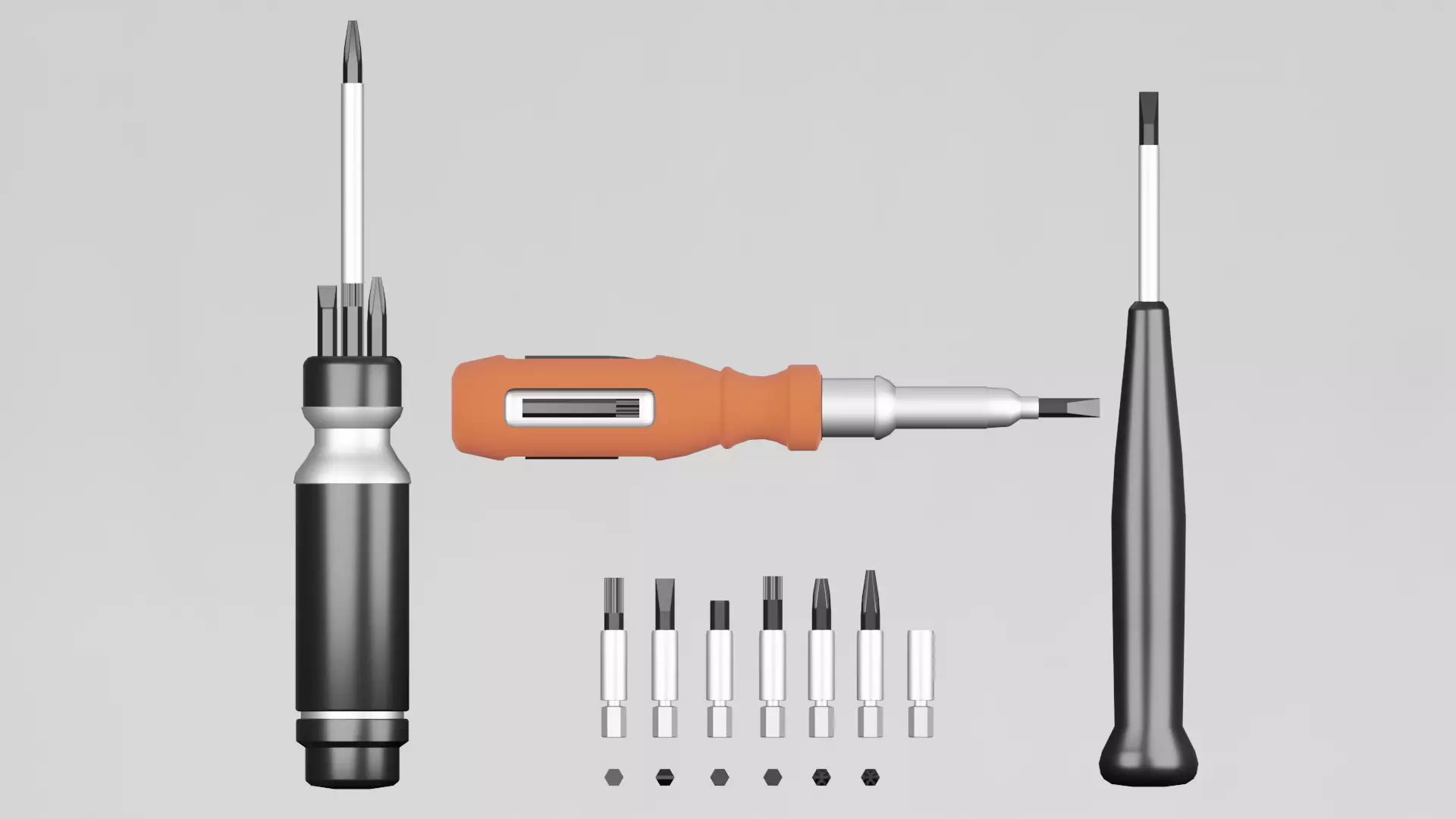 Screwdrivers with nozzles set Low-poly 3D model
