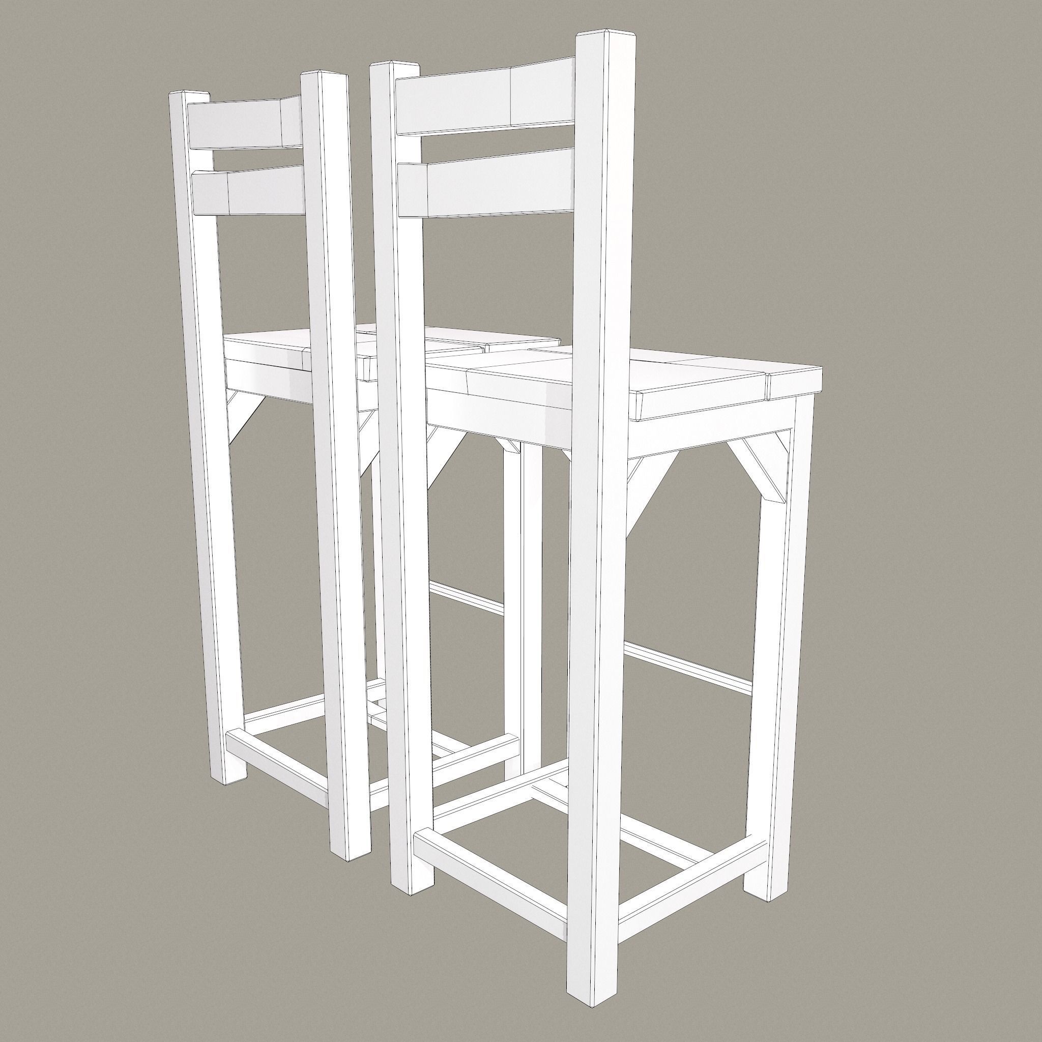 Wooden Tavern High Chairs Low-poly 3D model_40