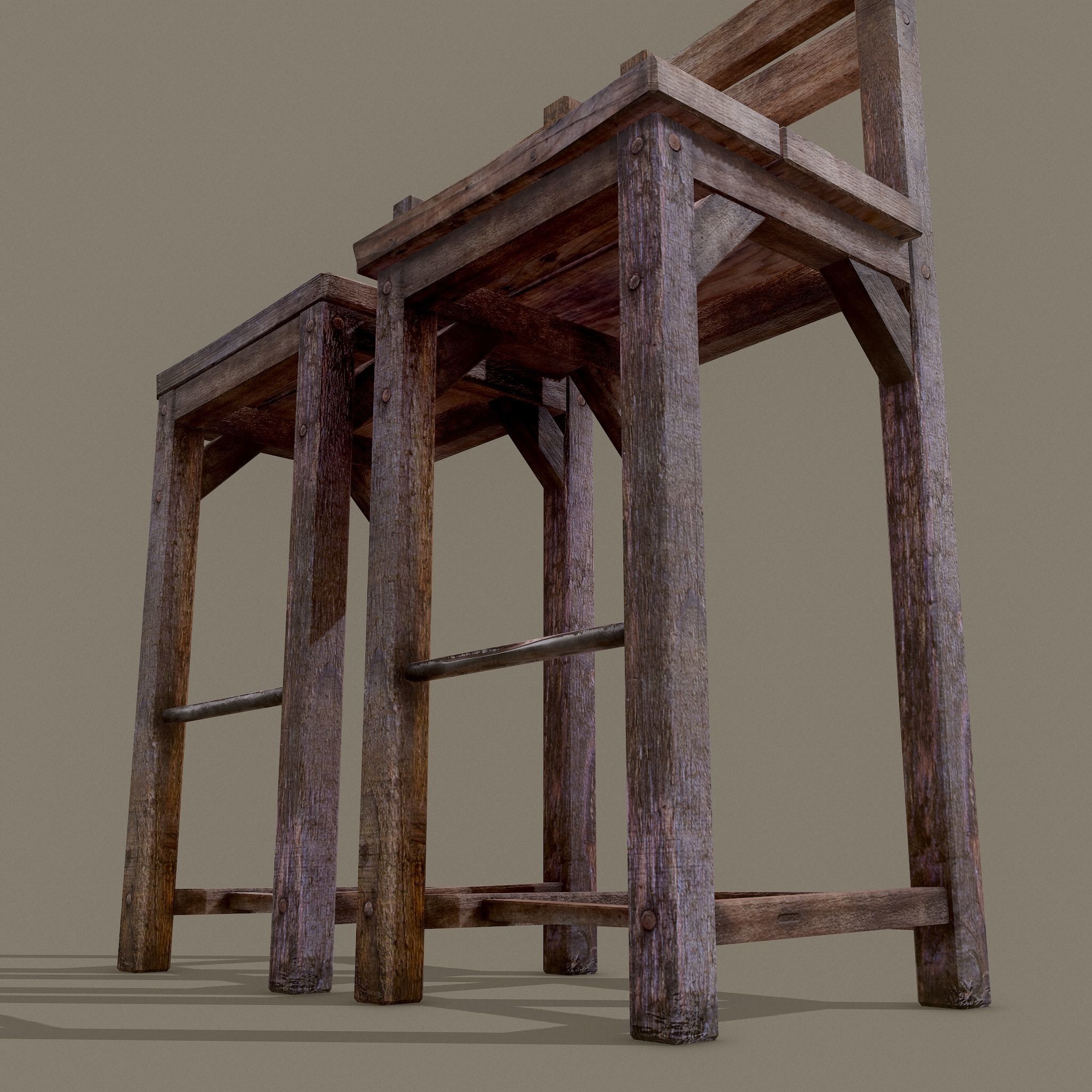 Wooden Tavern High Chairs Low-poly 3D model_17