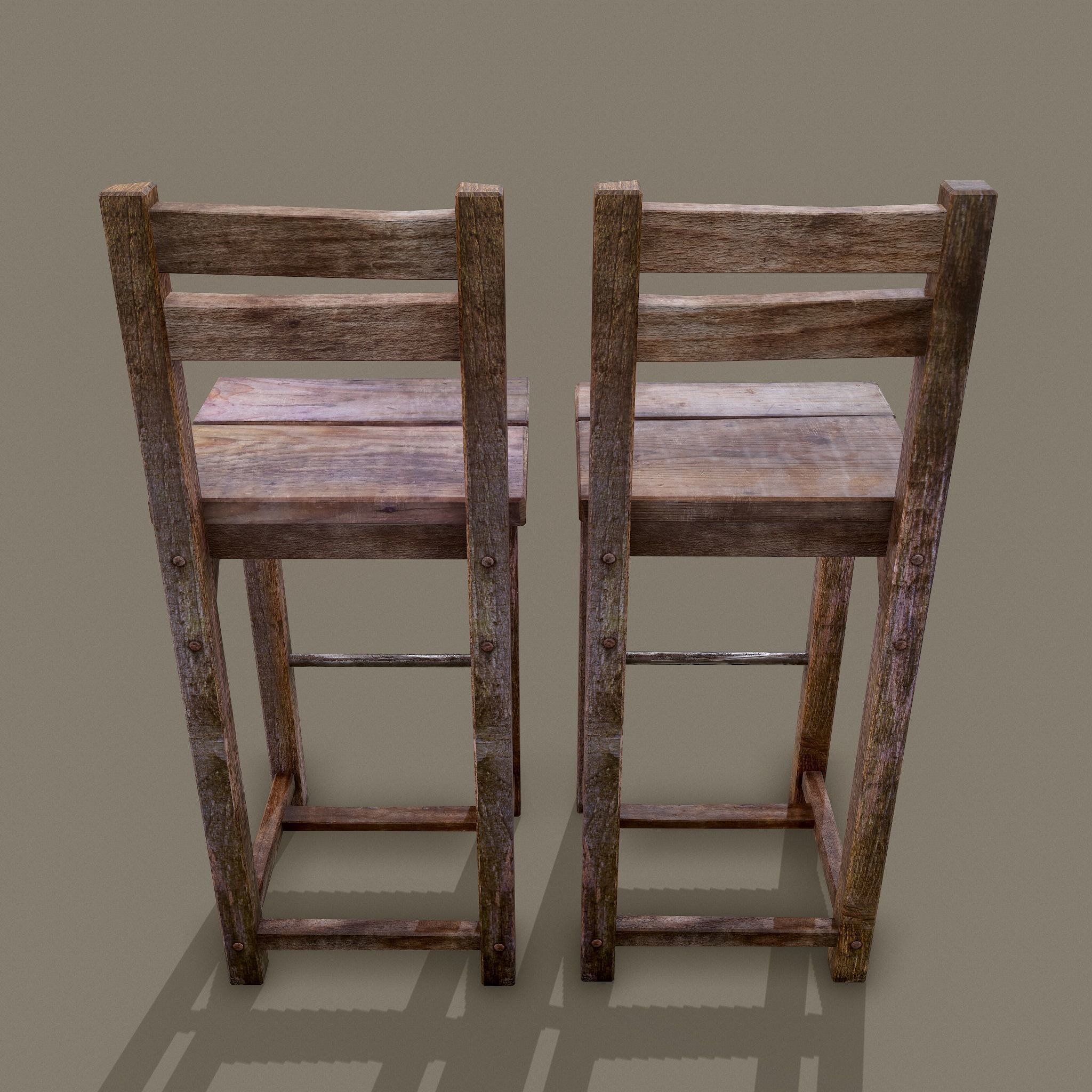 Wooden Tavern High Chairs Low-poly 3D model_5