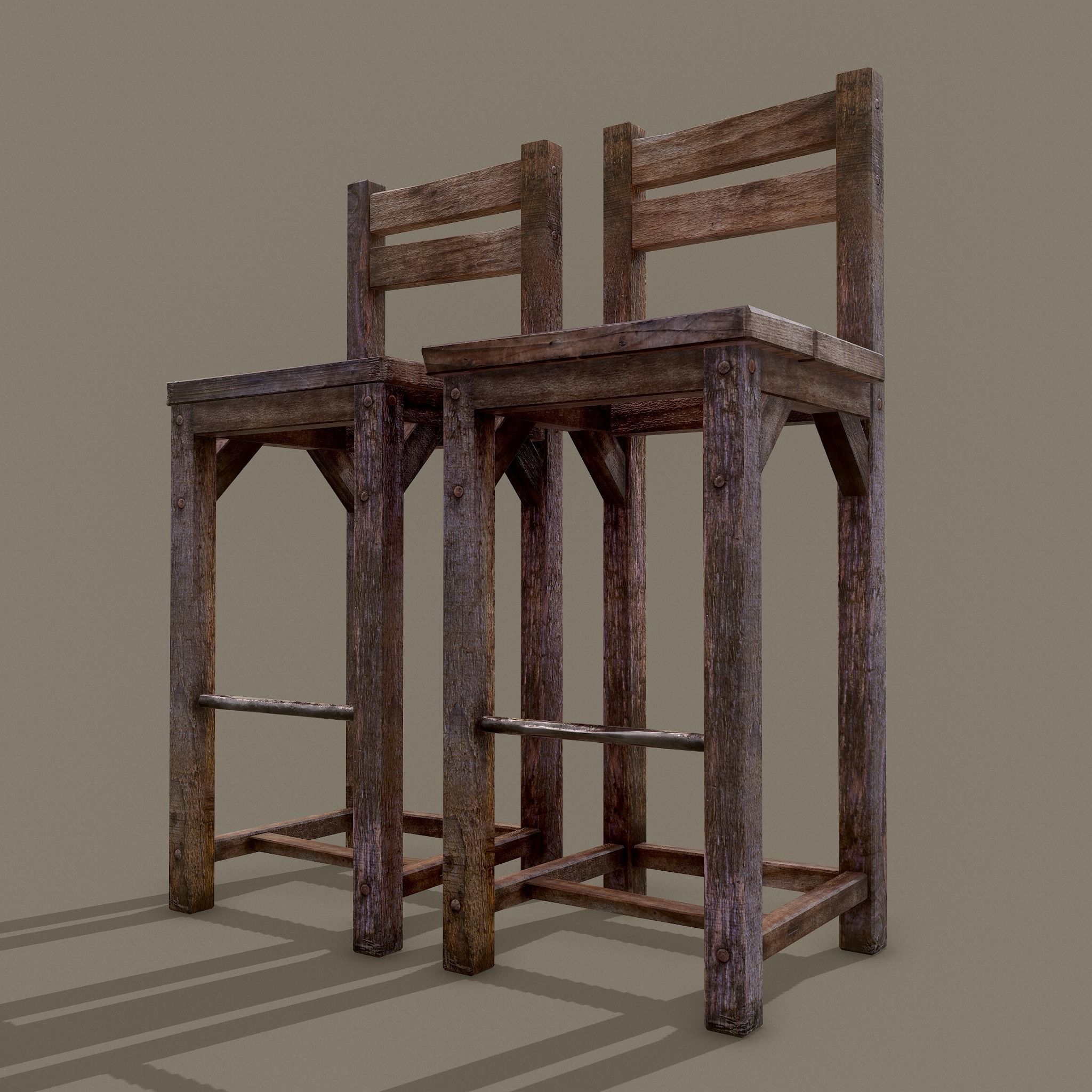 Wooden Tavern High Chairs Low-poly 3D model_11