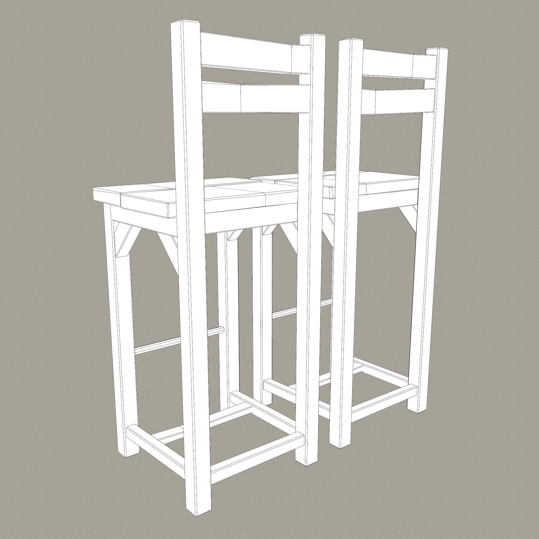 Wooden Tavern High Chairs Low-poly 3D model_34