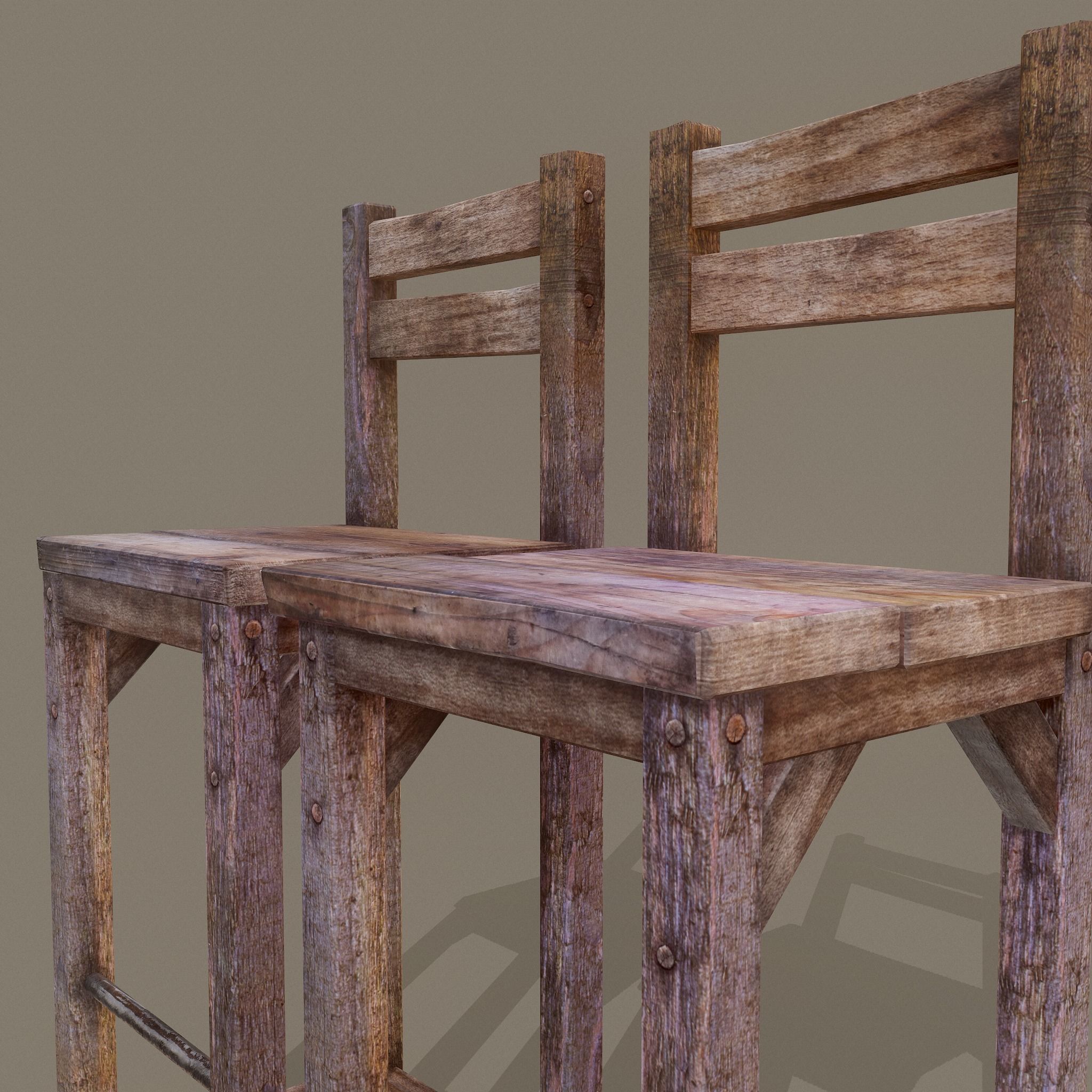 Wooden Tavern High Chairs Low-poly 3D model_21