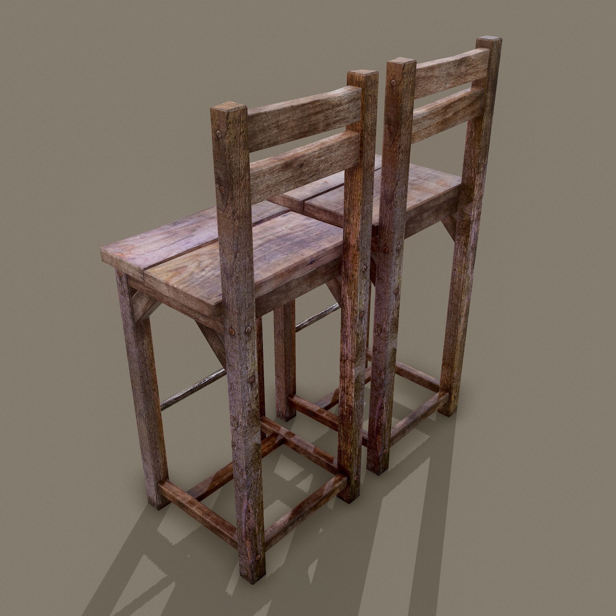 Wooden Tavern High Chairs Low-poly 3D model_6