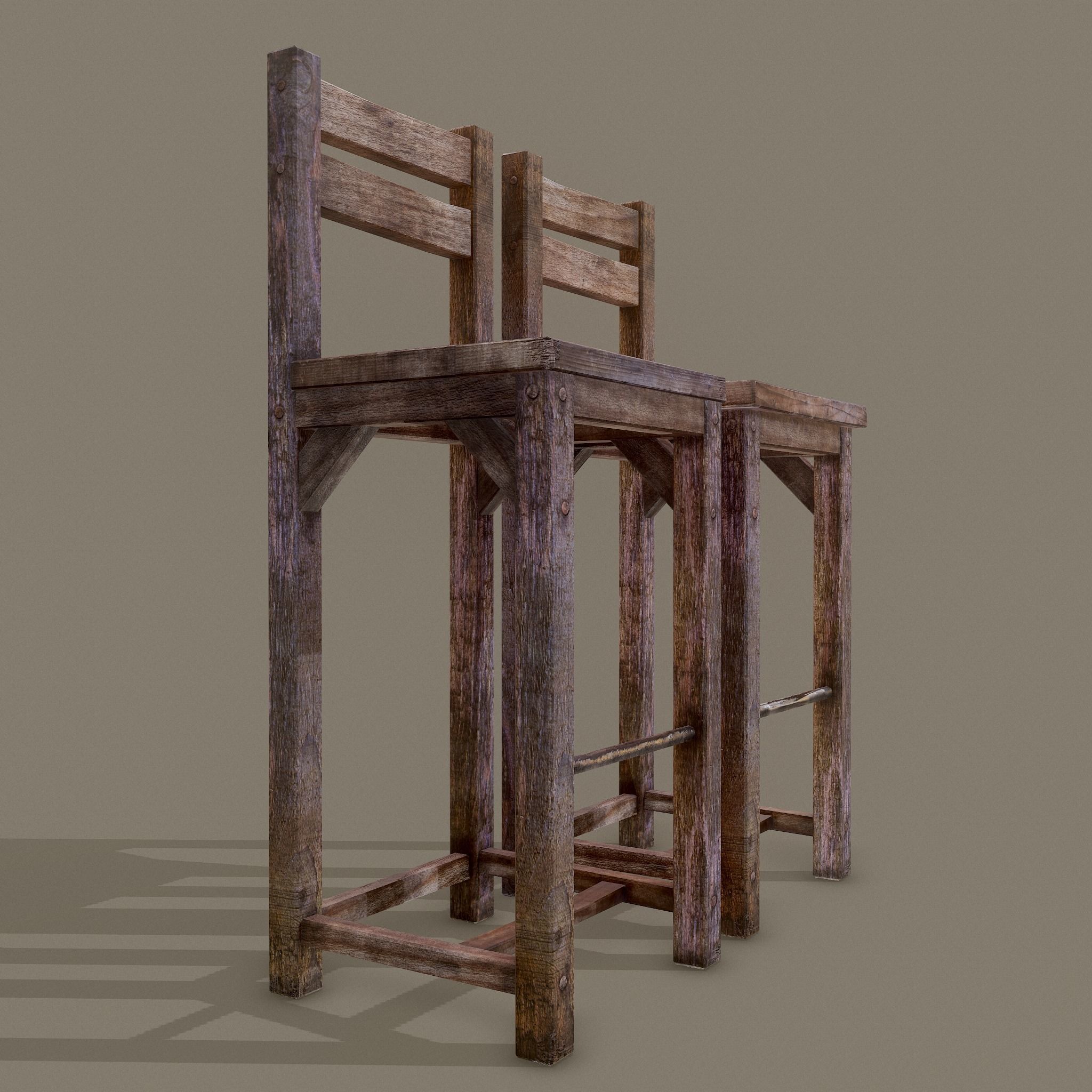 Wooden Tavern High Chairs Low-poly 3D model_23