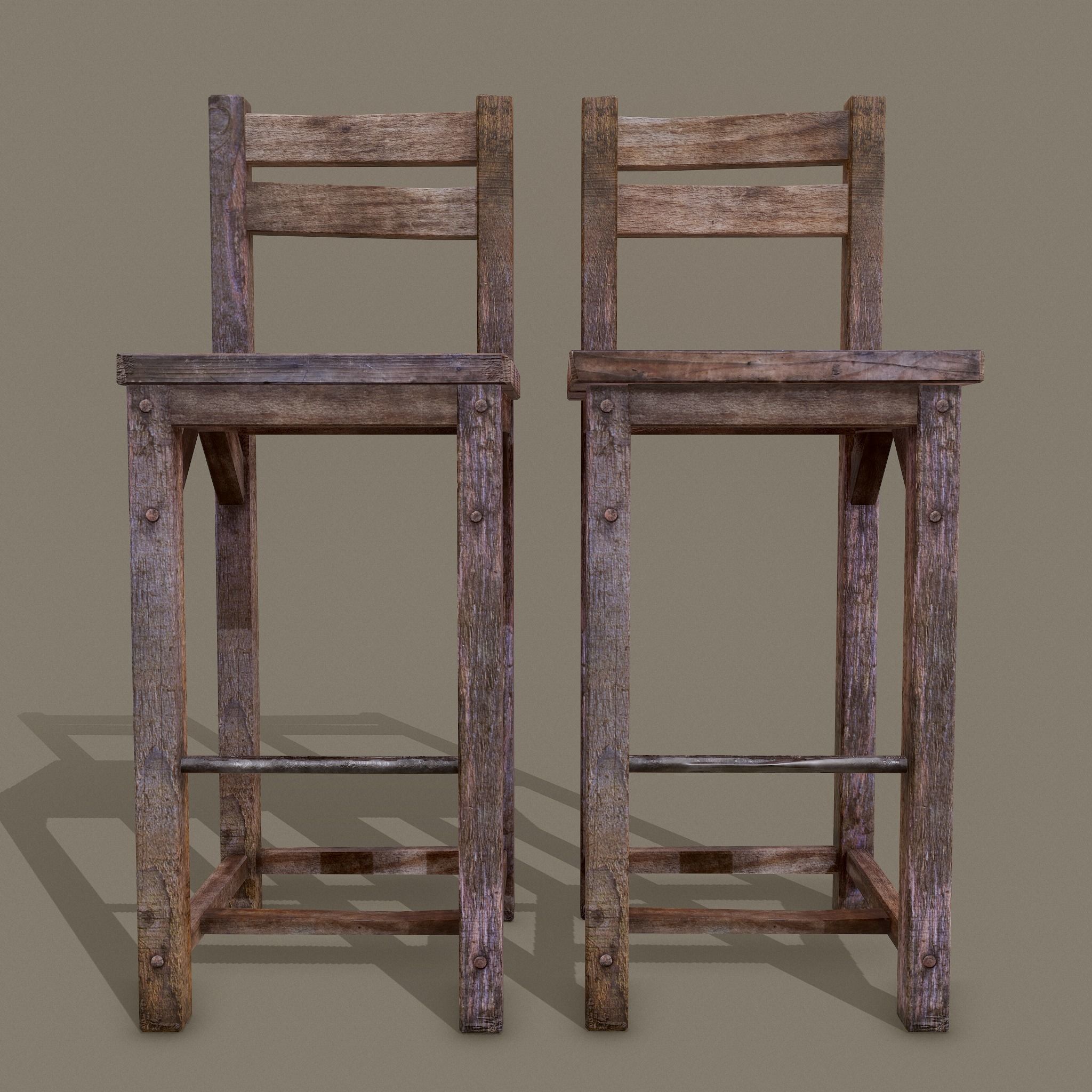 Wooden Tavern High Chairs Low-poly 3D model_18