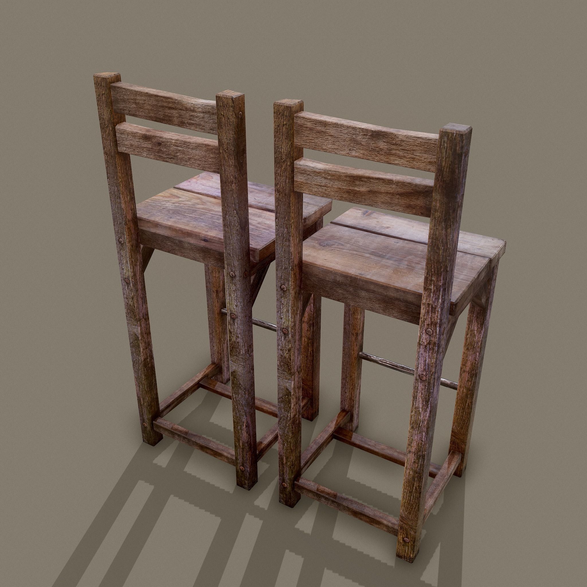 Wooden Tavern High Chairs Low-poly 3D model_4