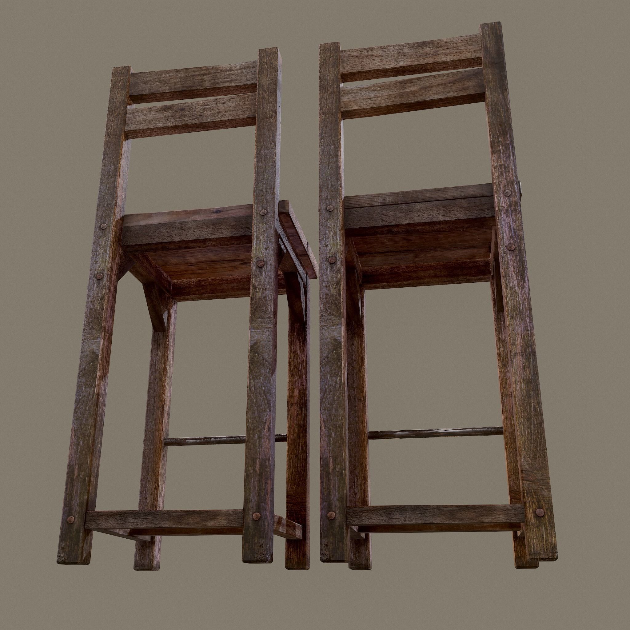 Wooden Tavern High Chairs Low-poly 3D model_13