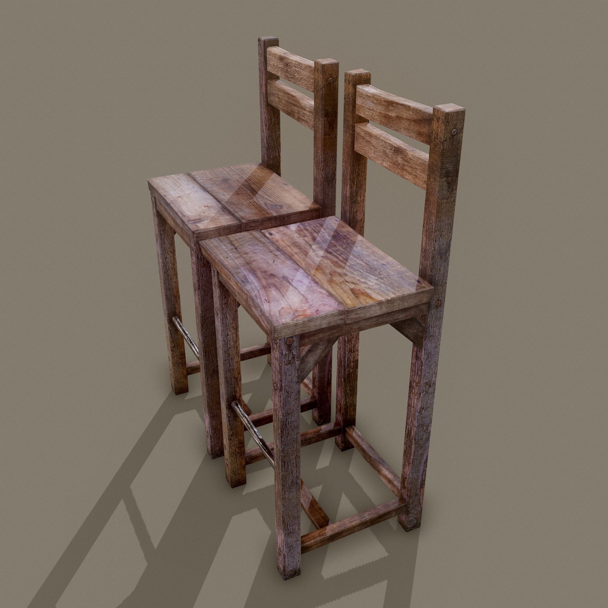 Wooden Tavern High Chairs Low-poly 3D model_8