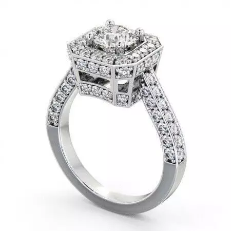 stl file princess cut diamond halo engagement ring 3D print model_0