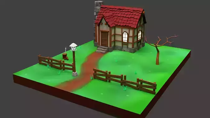 Low Poly House with fence