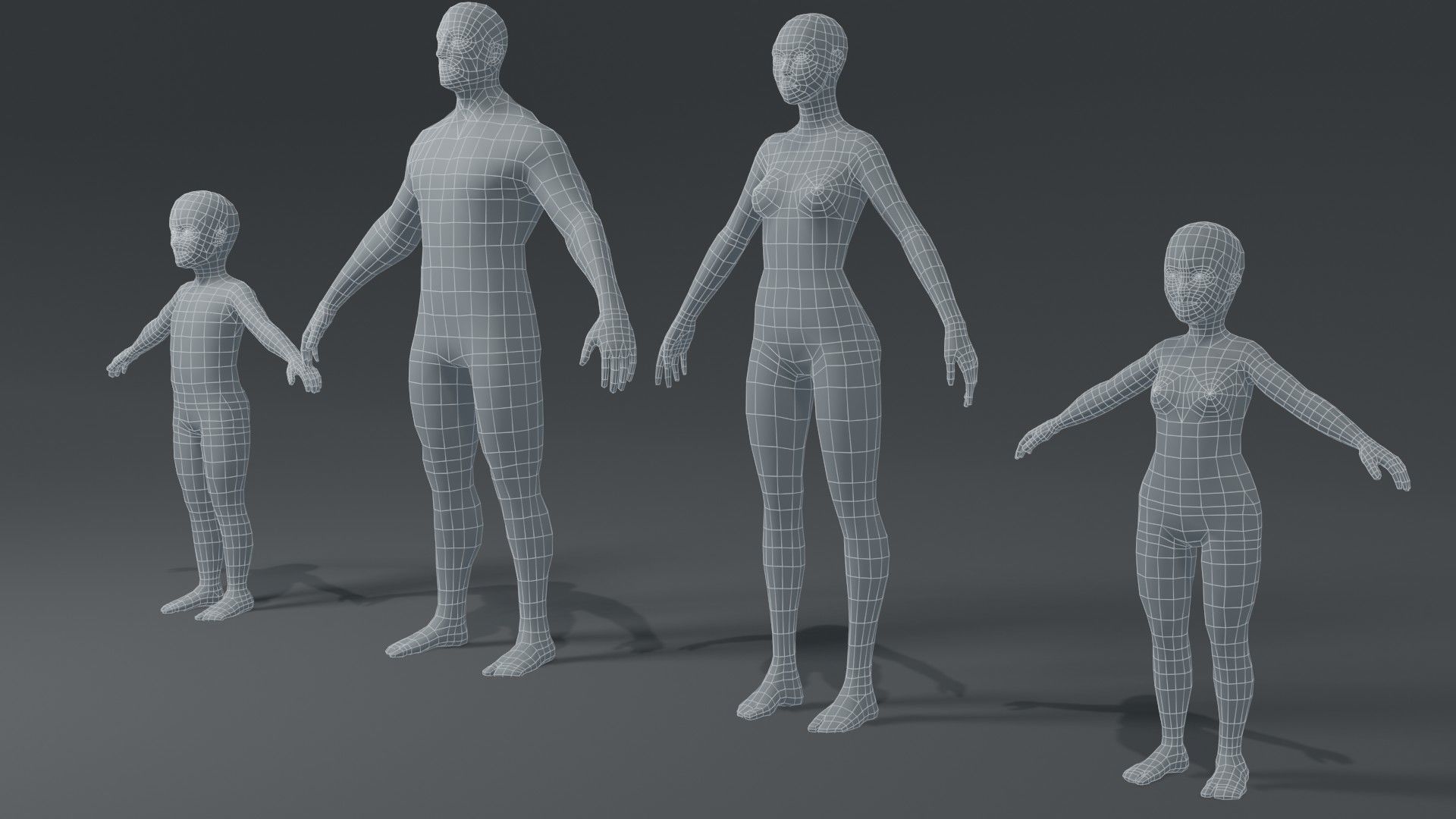 Human Body Base Mesh 3D Model Family Pack Low-poly 3D model_3