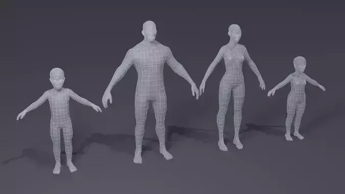 Human Body Base Mesh 3D Model Family Pack Low-poly 3D model