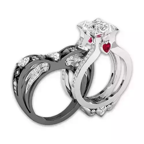 Round Cut Ring Enhancer and Heart Angel Wing Ring Set In Black 3D print model