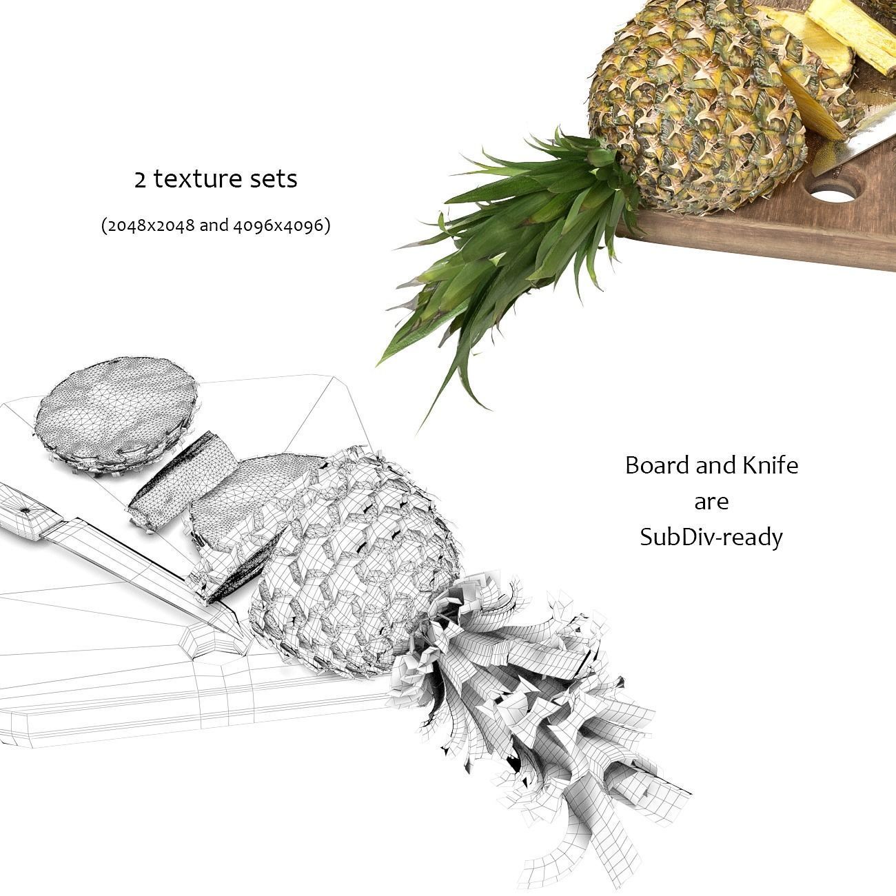 Pineapple on the Cutting Board with Knife 3D model_5