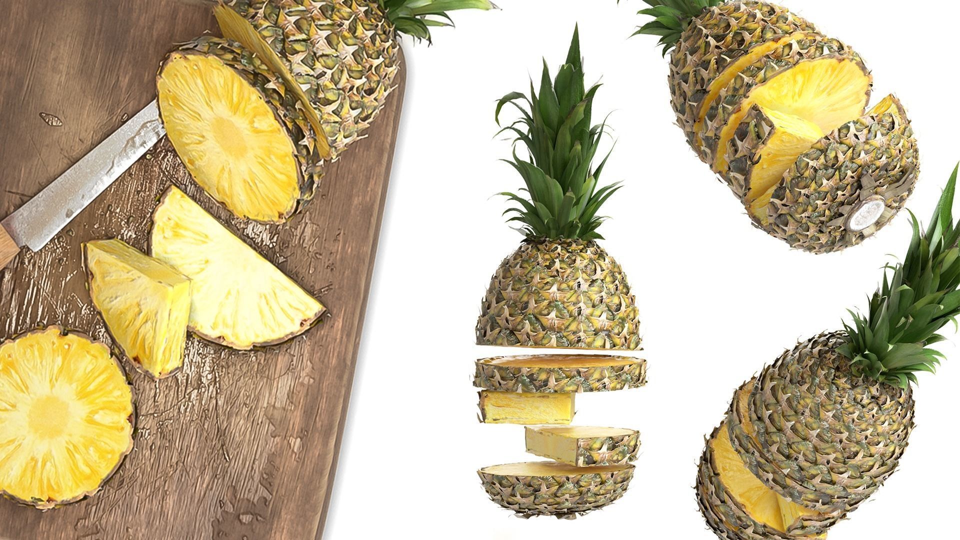 Pineapple on the Cutting Board with Knife 3D model_4