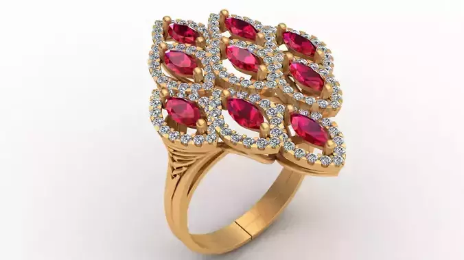 Marquise  Rhombus Style Ruby Diamond Gold Ring