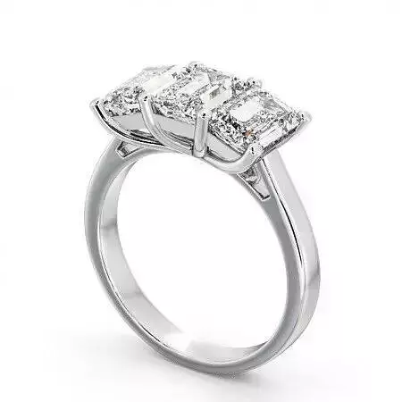 stl file three stone emerald cut diamond engagement ring in platinum