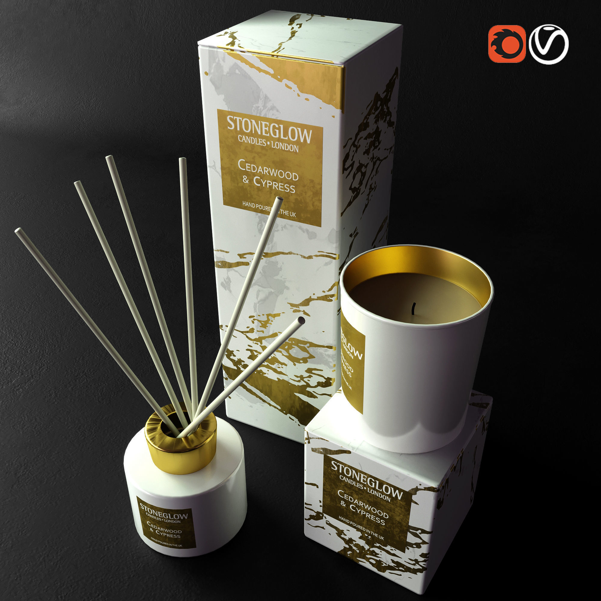 Decorative set diffuser with gold sticks and box 3D model_1