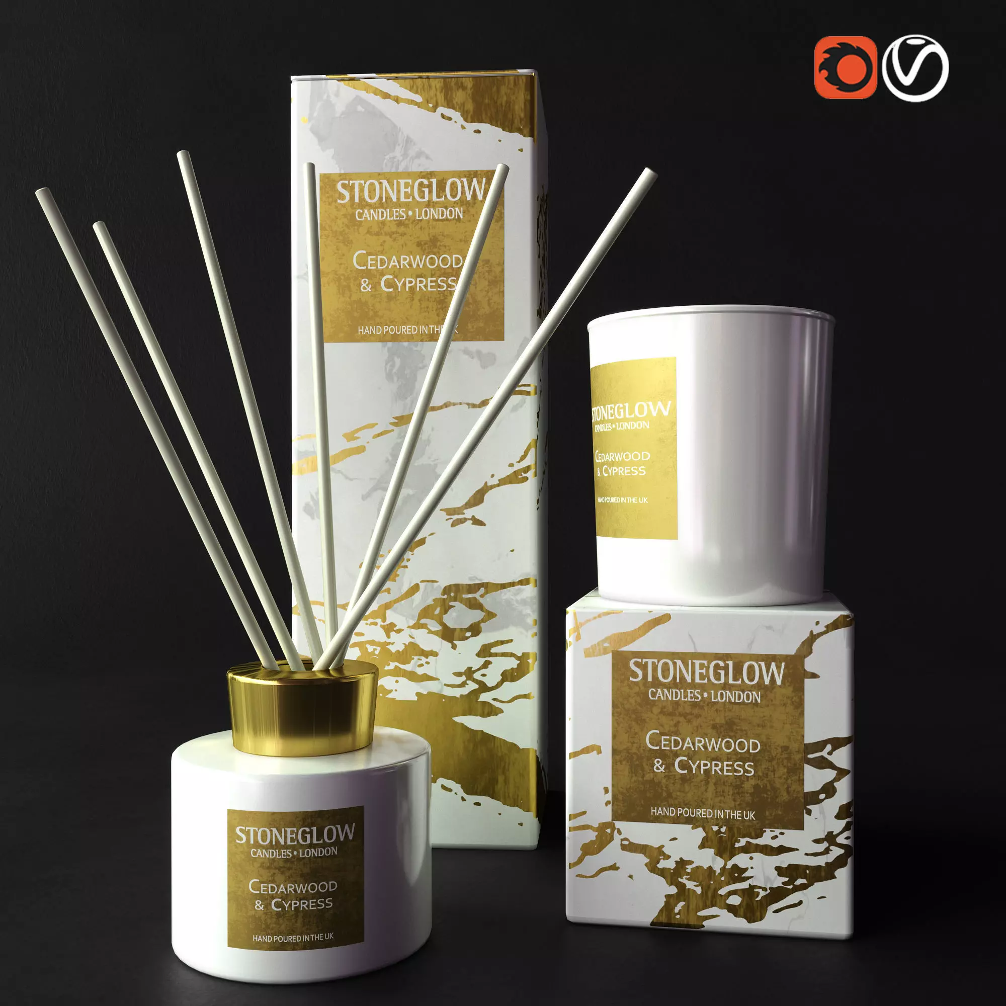 Decorative set diffuser with gold sticks and box 3D model_0