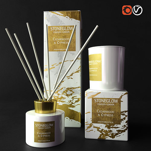 Decorative set diffuser with gold sticks and box 3D model
