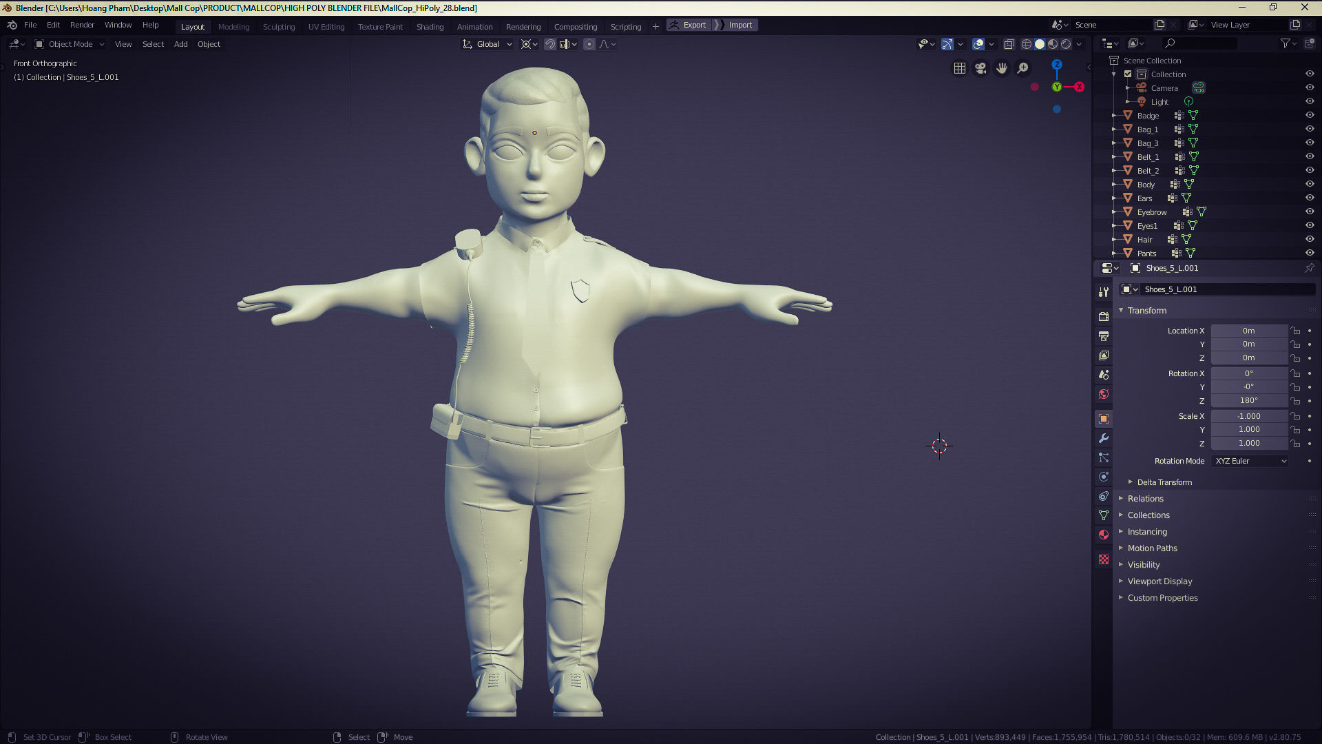 Mall Cop Character in Blender Cycles  and Eevee  and ZBrush File 3D model_2