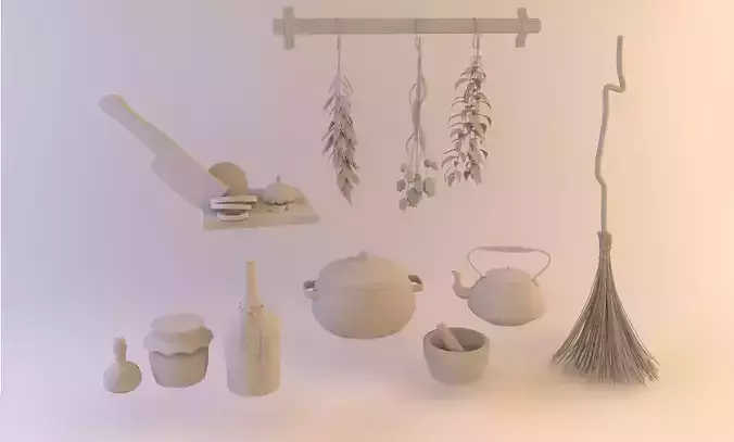 Low poly VR AR Stylized Old Witch Hut Assets Herbarium