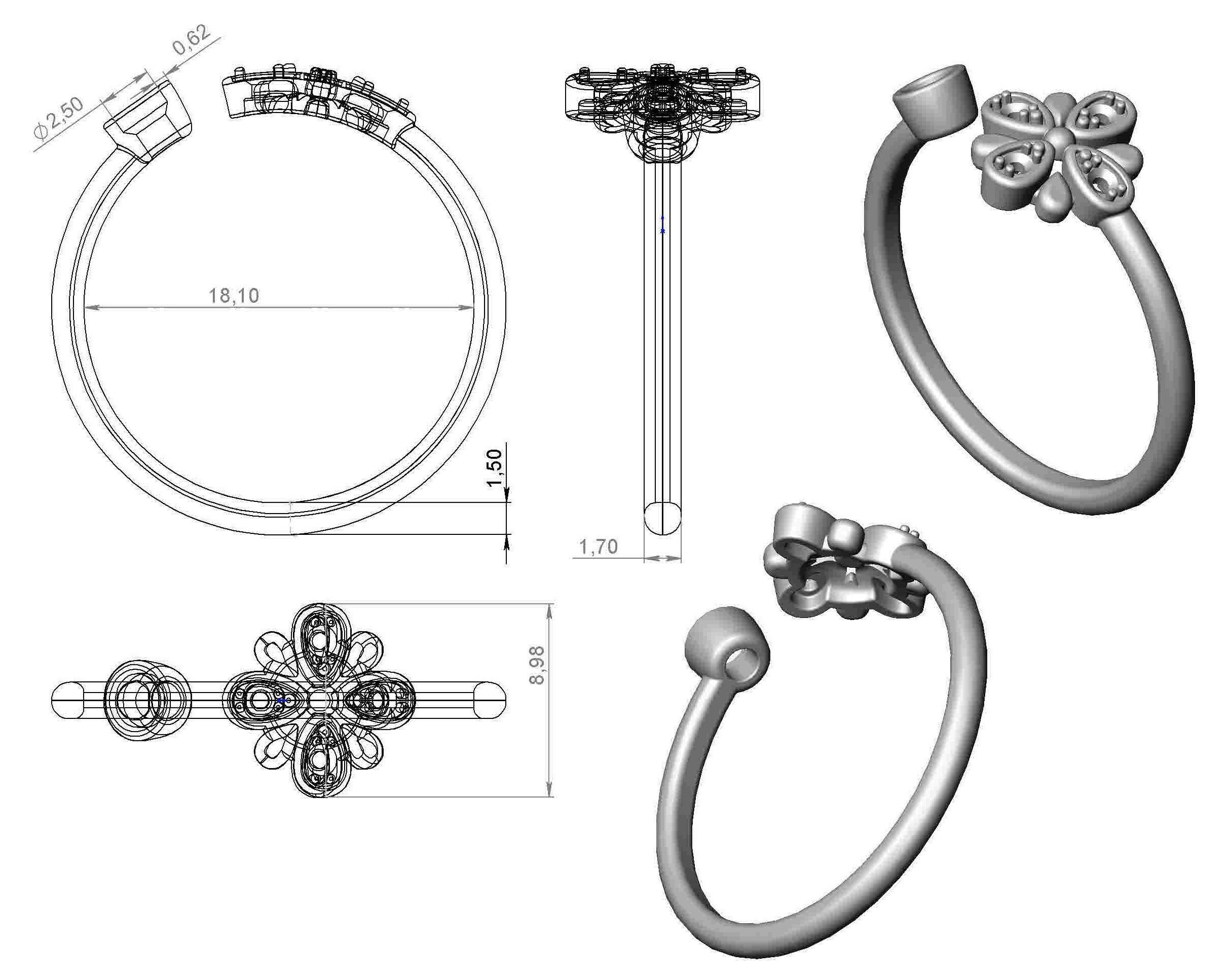 Ring diamond flower gold 3D print model_8