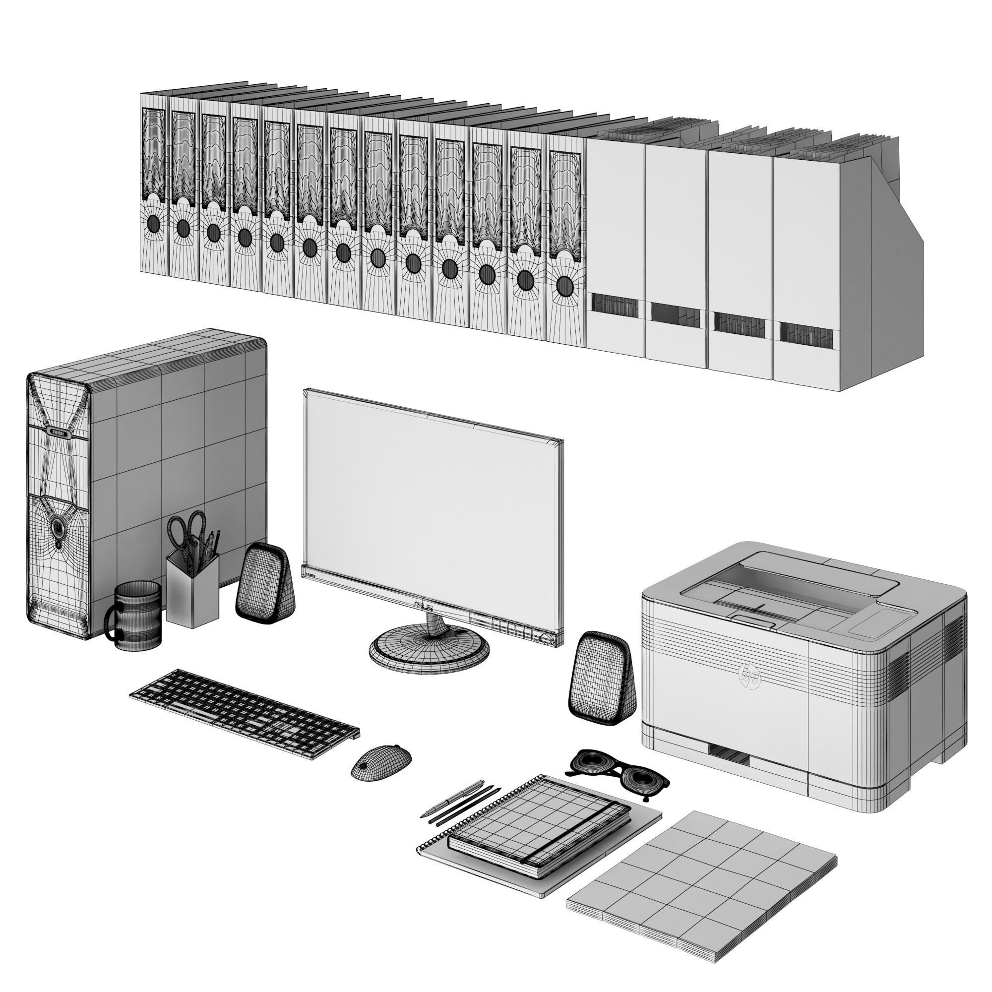 Office black pc set 3D model_3