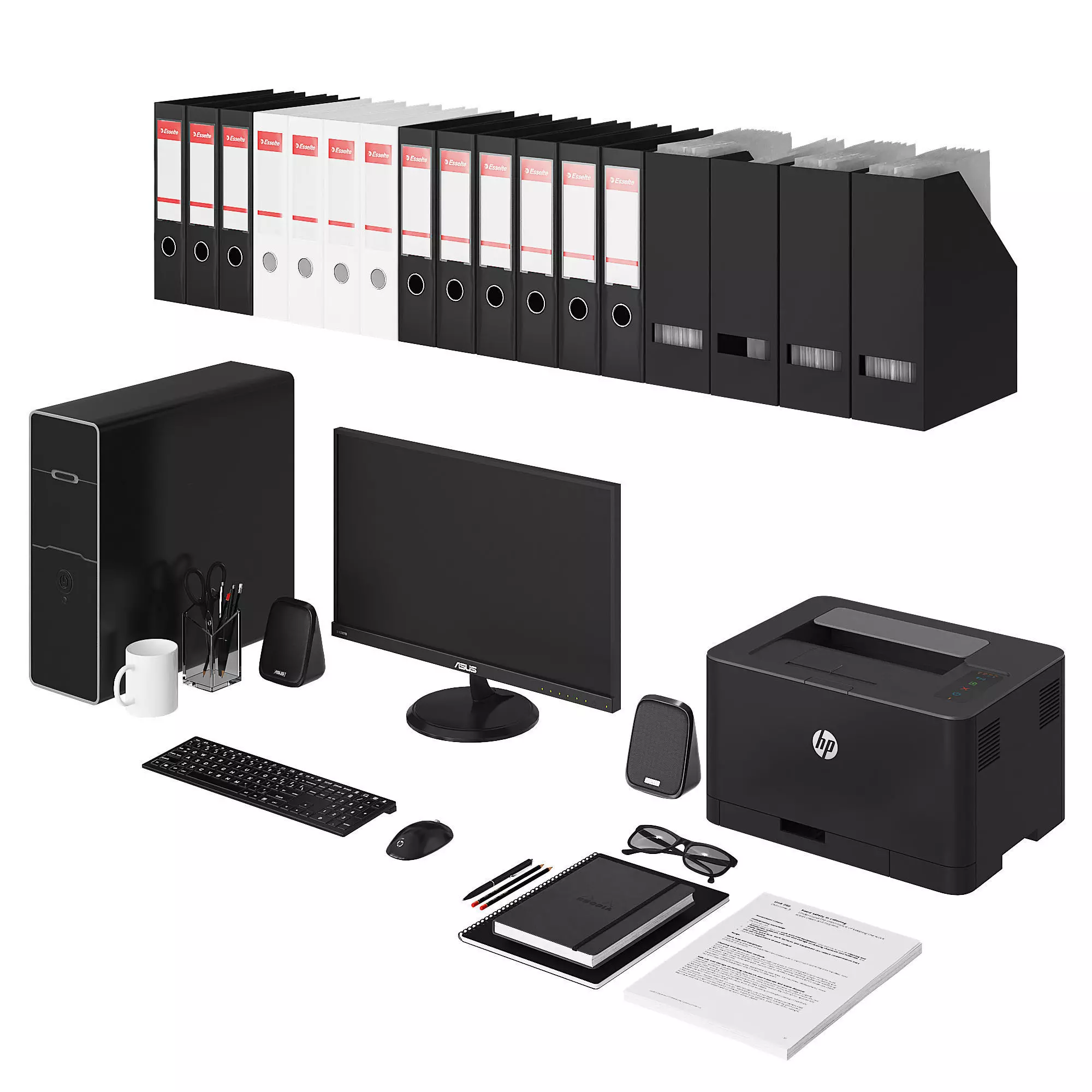 Office black pc set 3D model_0