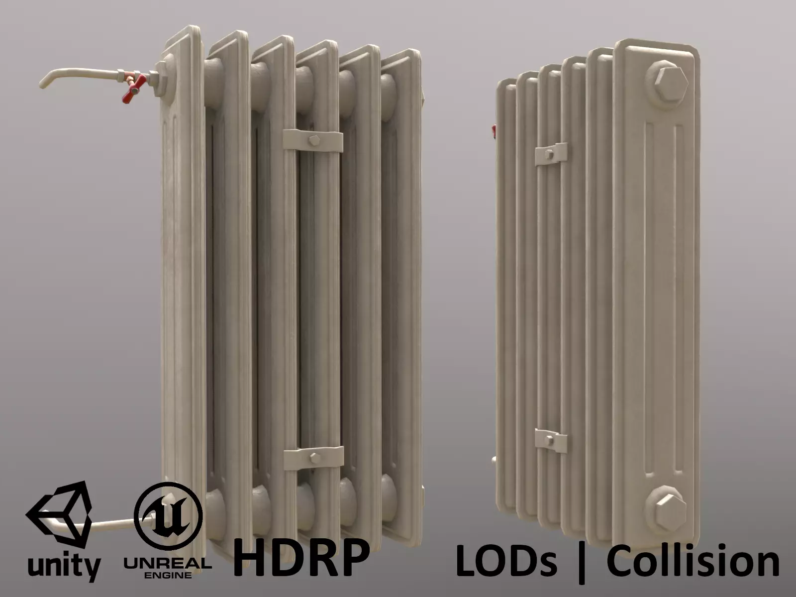 Old Radiator Tall Cream - Unity - HDRP - UE4 Low-poly 3D model_0