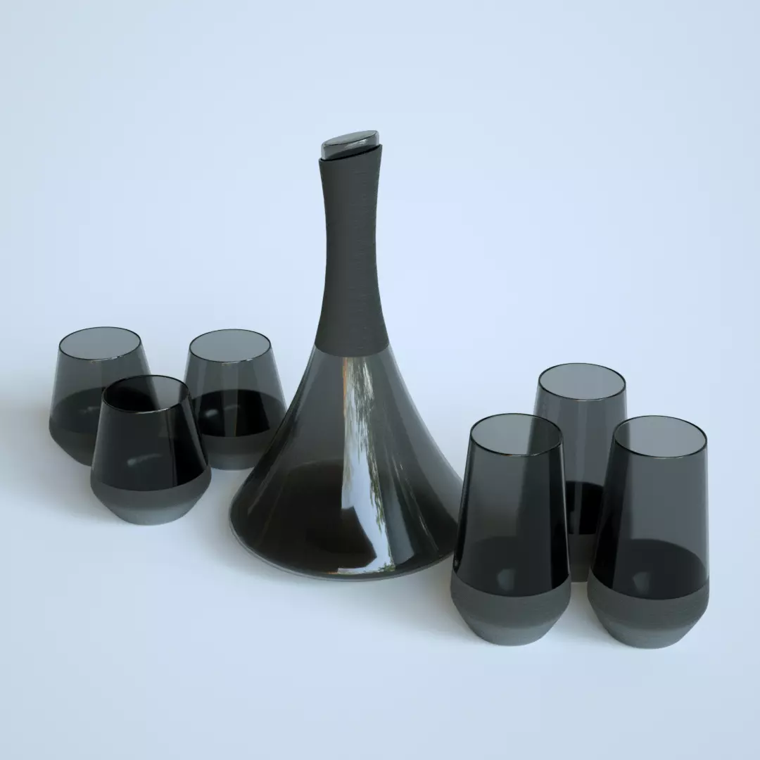 Black Glass Carafe and Glasses Set PBR Low-poly 3D model