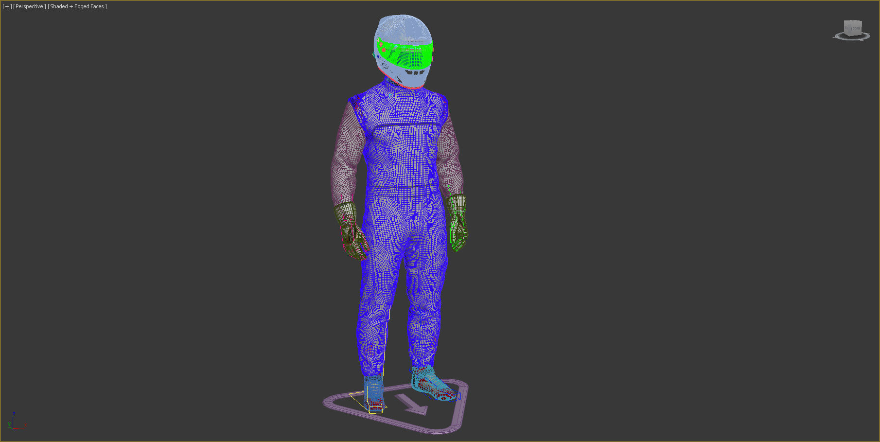 Pilot man in racing suit on metal ball 3D model_10