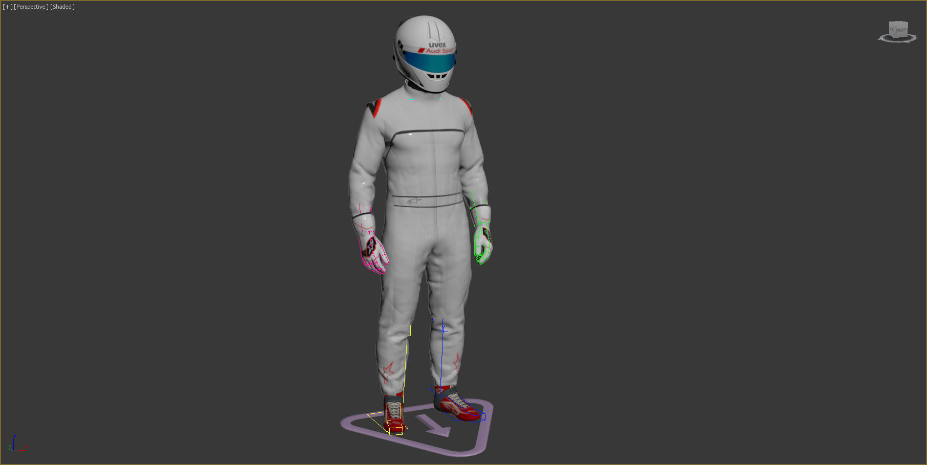 Pilot man in racing suit on metal ball 3D model_9