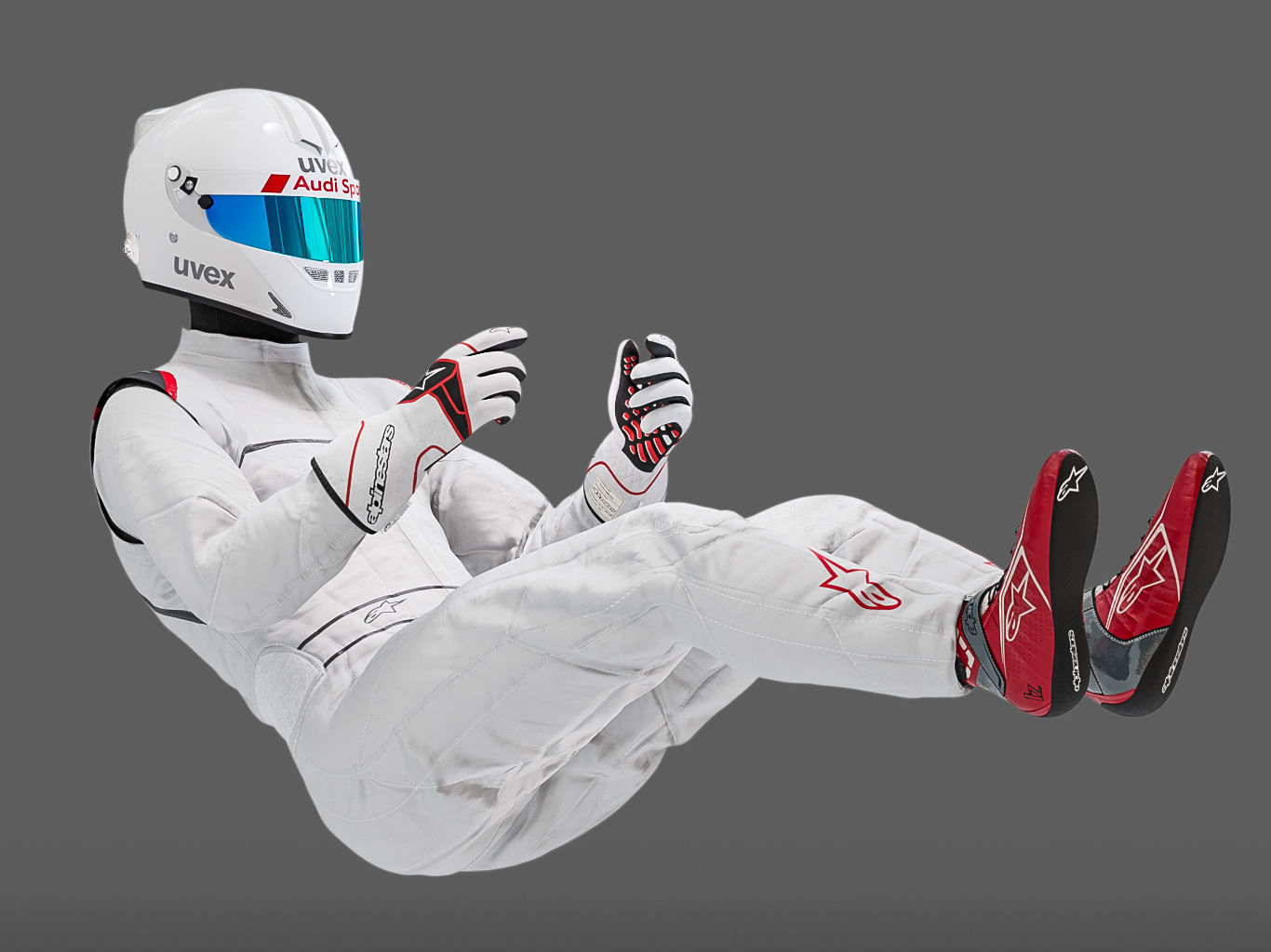 Pilot man in racing suit on metal ball 3D model_3