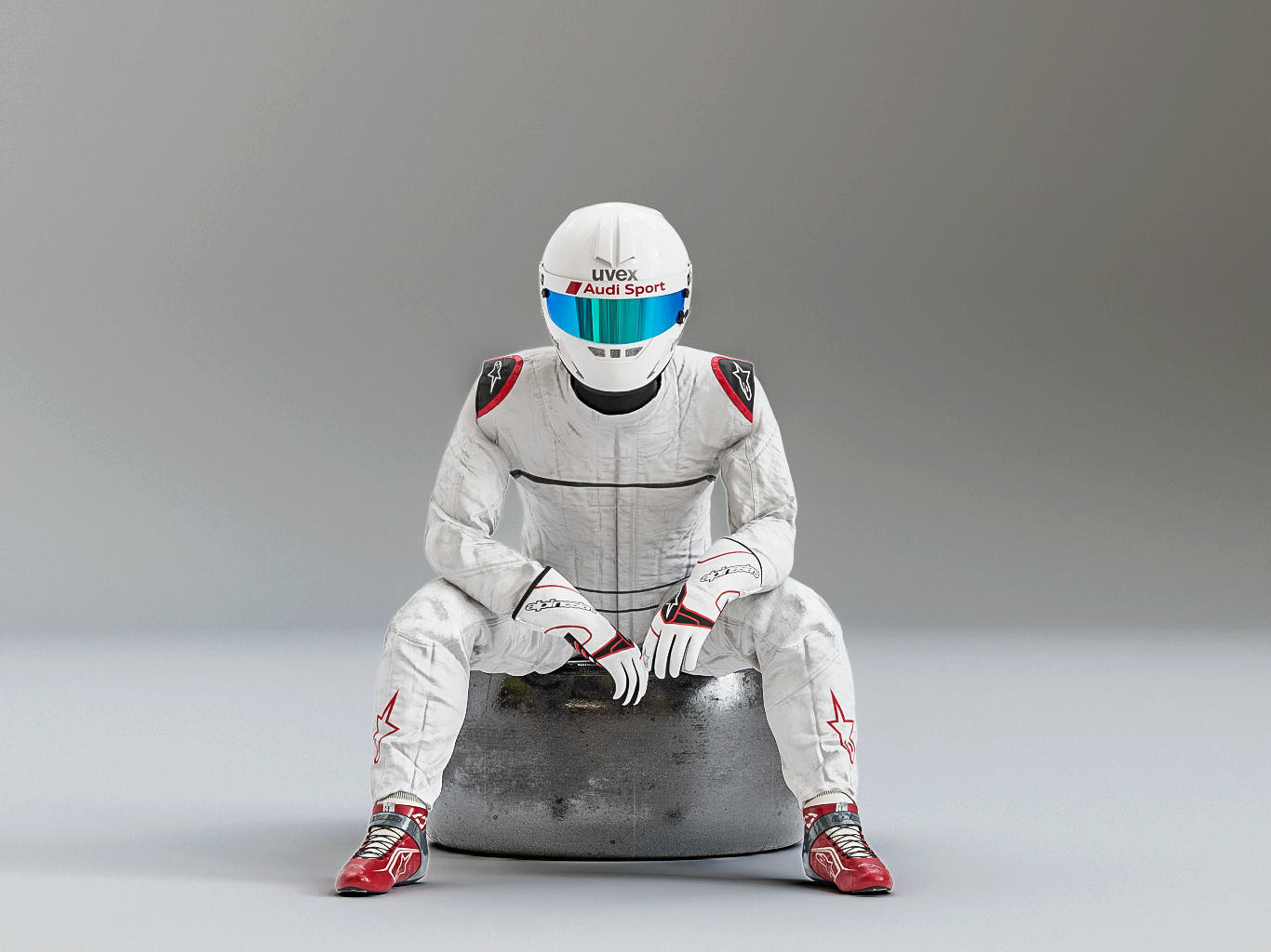 Pilot man in racing suit on metal ball 3D model_4