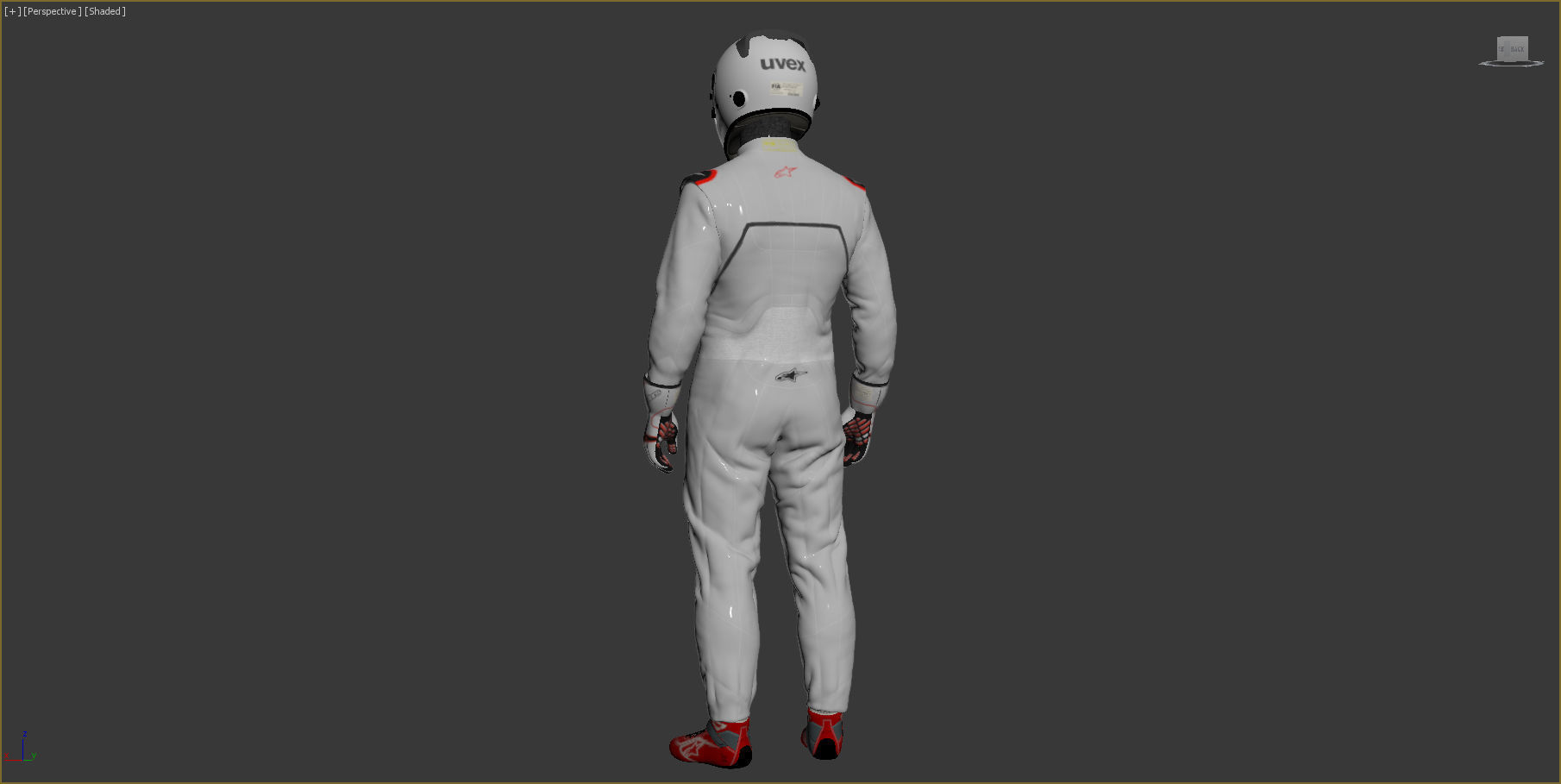 Pilot man in racing suit on metal ball 3D model_11