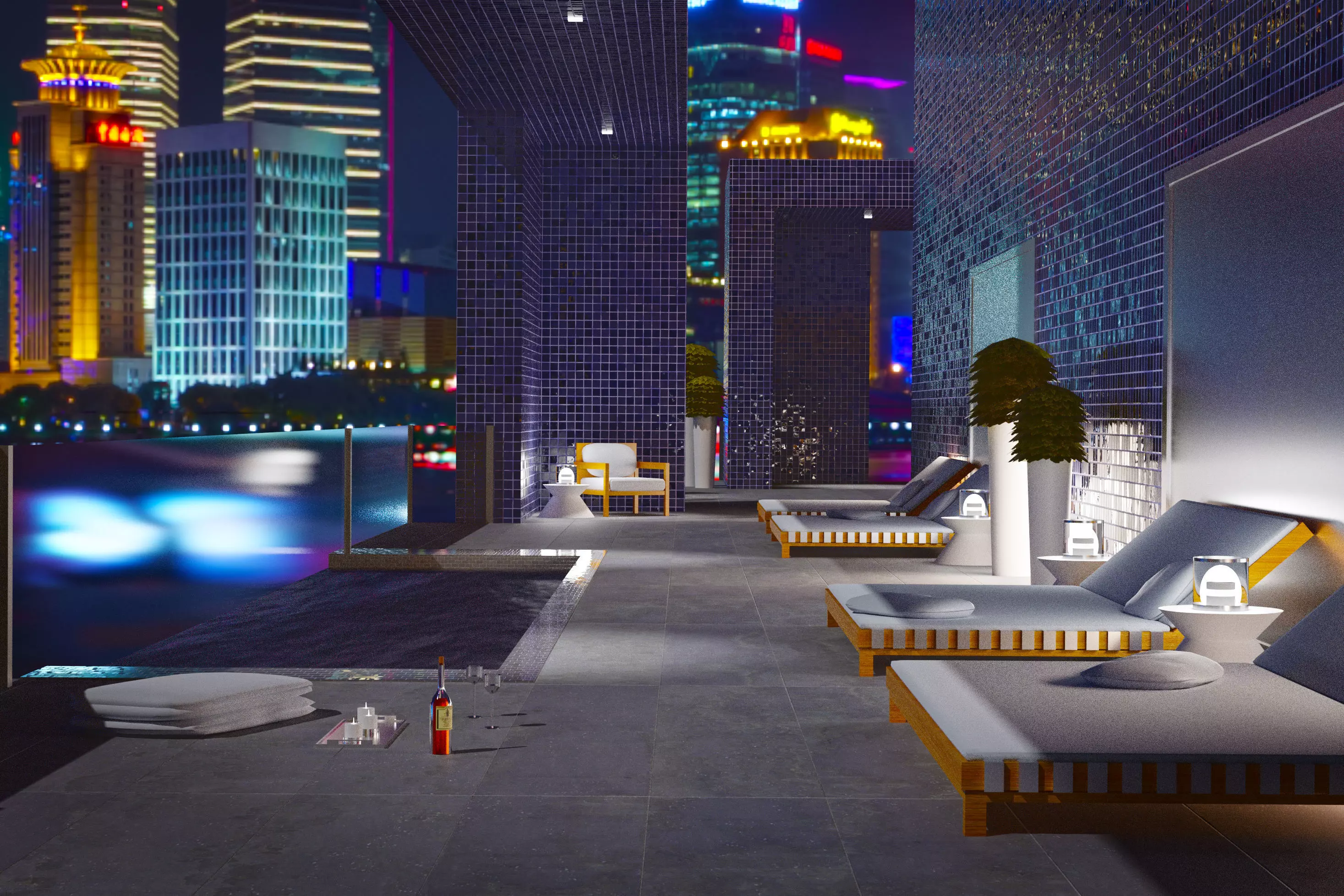 Penthouse lounge chairs on rooftop overlooking city at night Low-poly 3D model_0