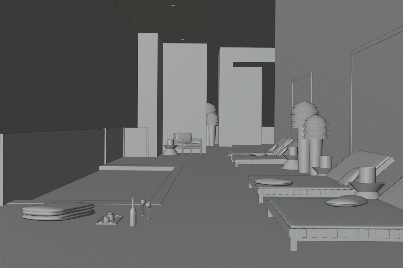 Penthouse lounge chairs on rooftop overlooking city at night Low-poly 3D model_1