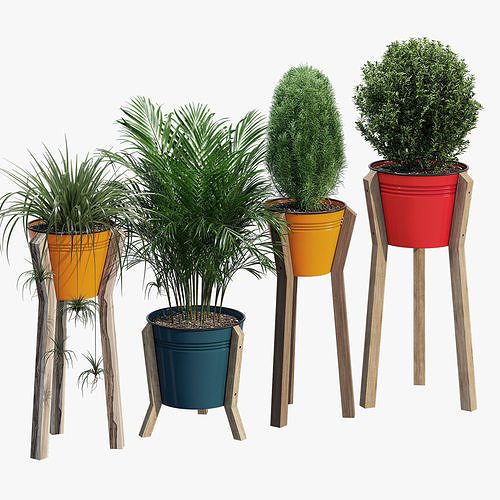 Farmstead set of potted plants on wooden legs 3D model