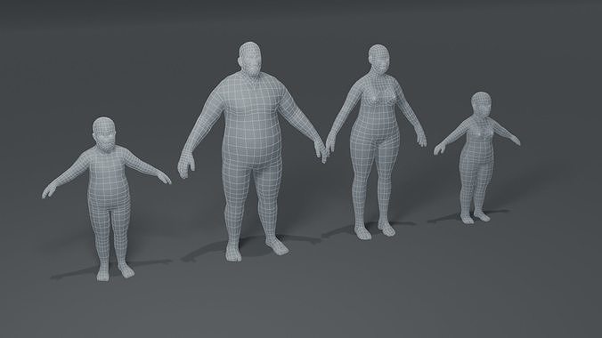 Fat Human Body Base Mesh 3D Model Family Pack Low-poly 3D model