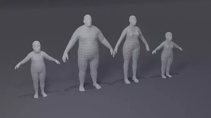Fat Human Body Base Mesh 3D Model Family Pack Low-poly 3D model