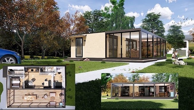 modern mobile home tiny house vacation house on 48m2  Low-poly 3D model