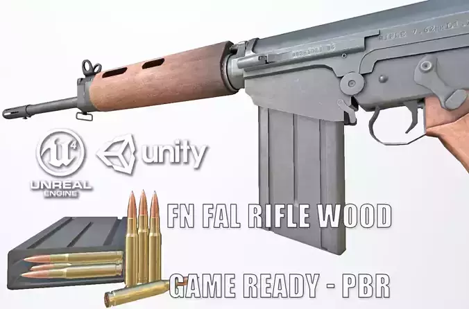 PBR FN FAL Rifle Wood Low-poly 3D model