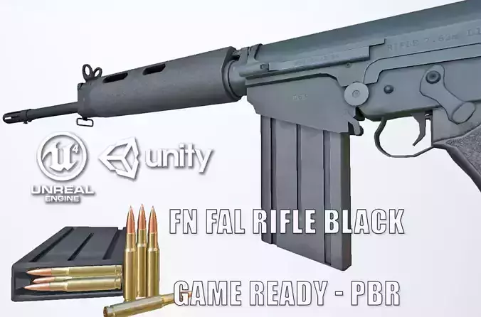 PBR FN FAL Rifle Black Low-poly 3D model