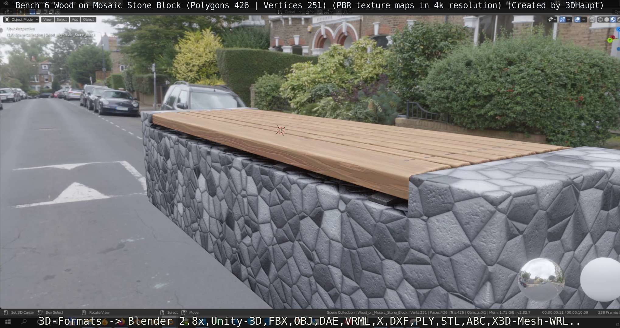 Bench 6 Wood on Mosaic Stone Block Low-poly 3D model_52