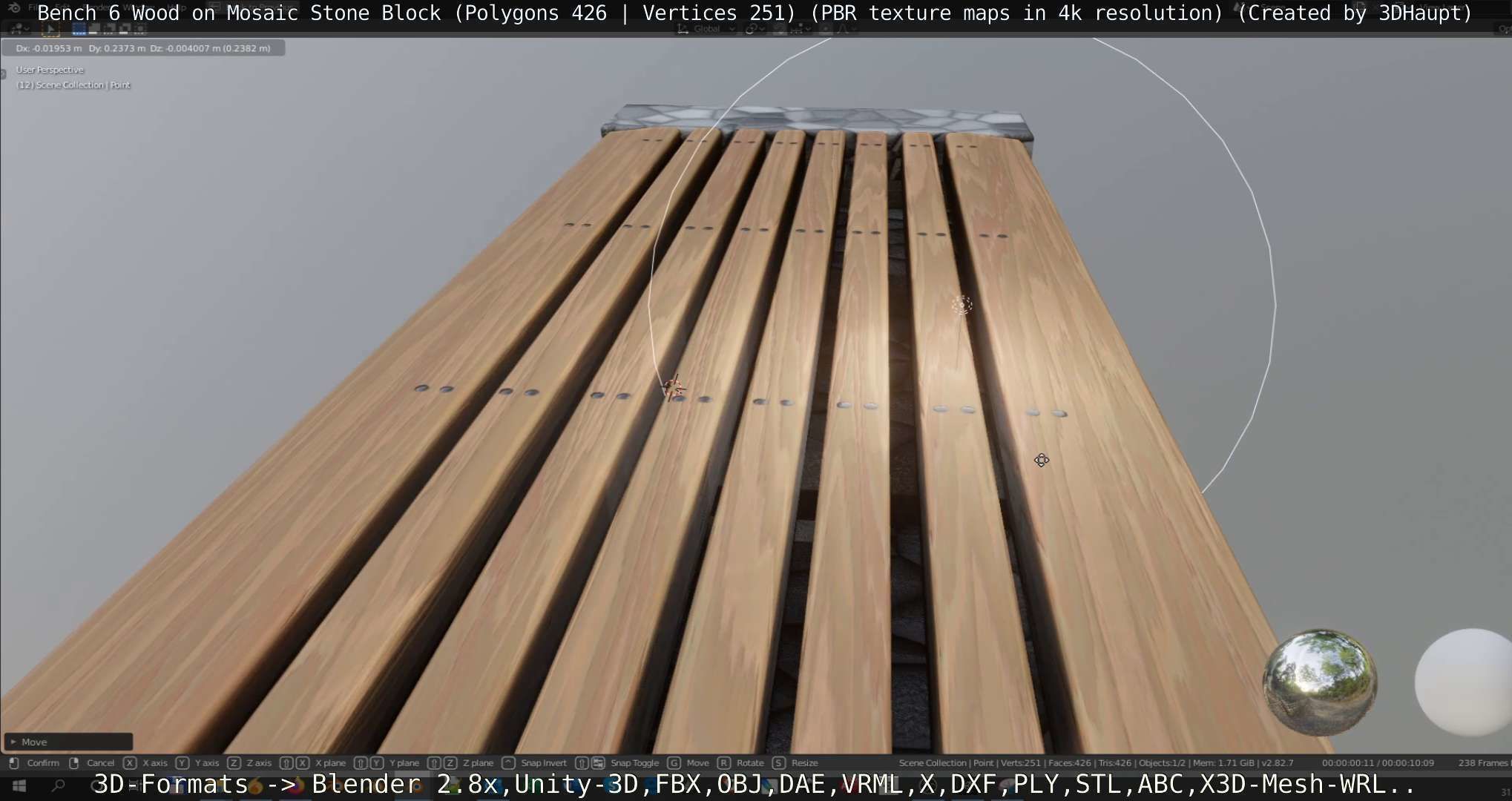 Bench 6 Wood on Mosaic Stone Block Low-poly 3D model_116